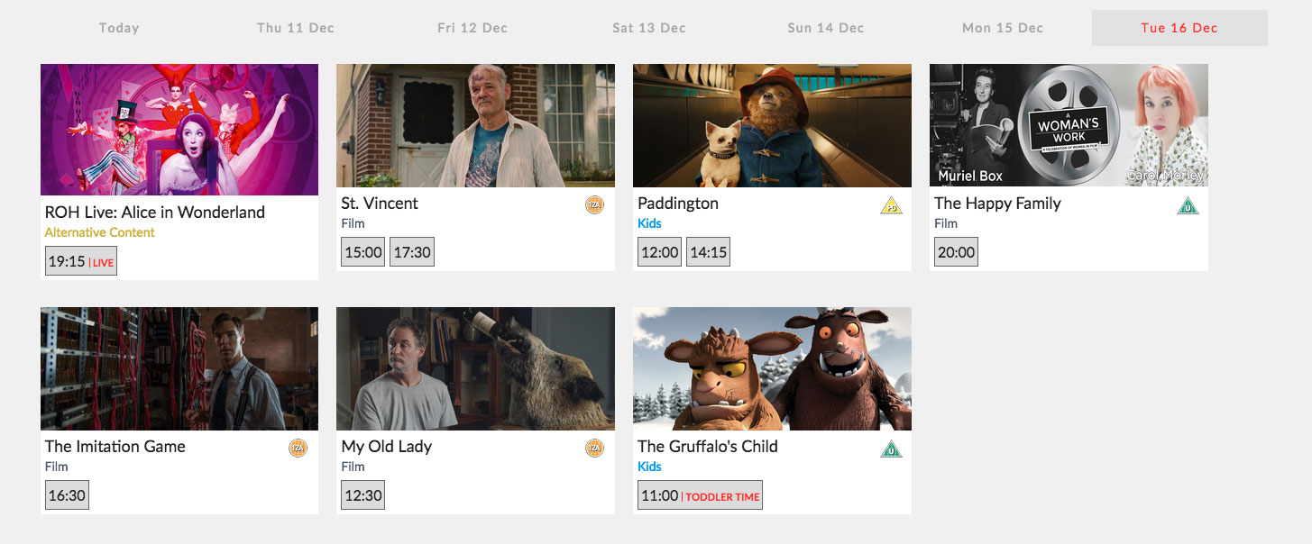 Seven-day programme with screening times and booking links