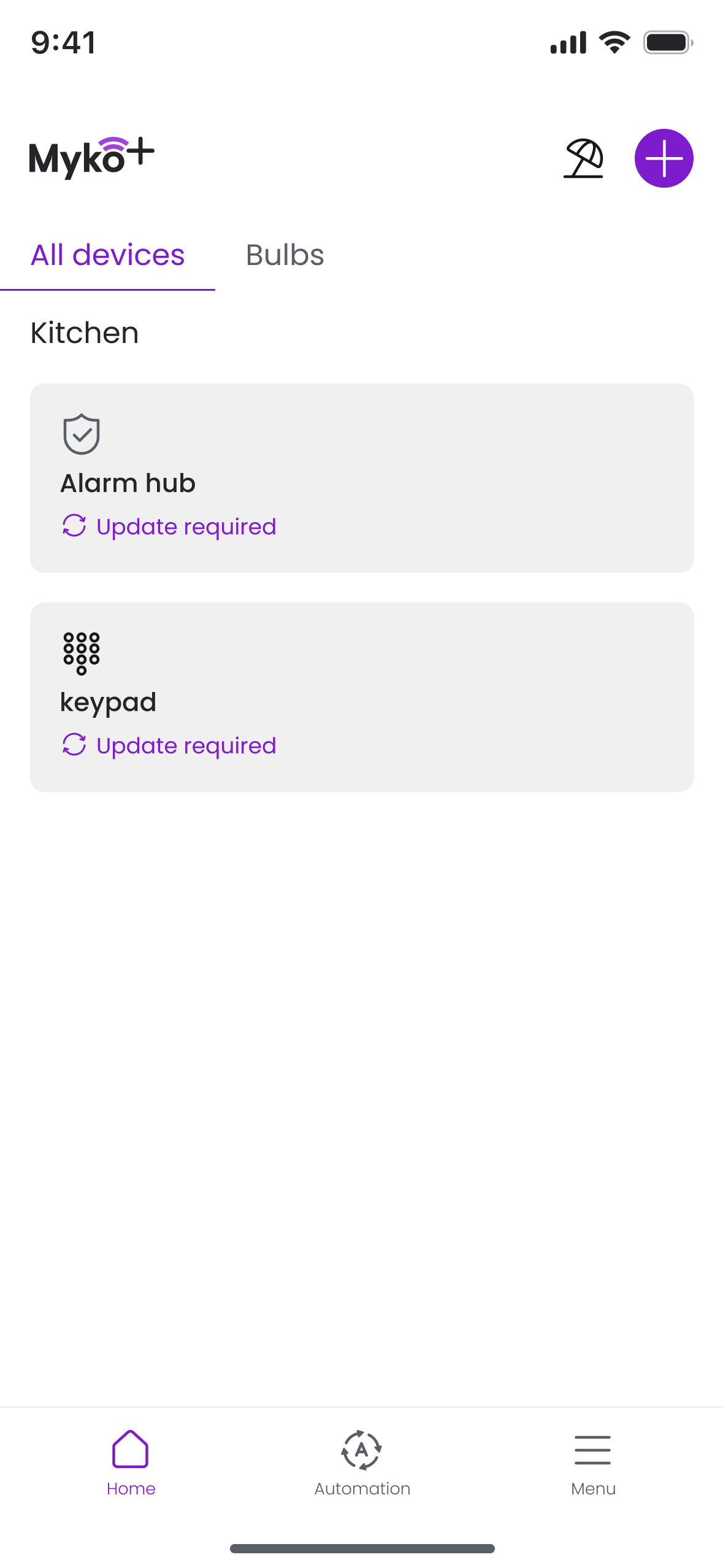 Alarm hub and keypad both marked Update required