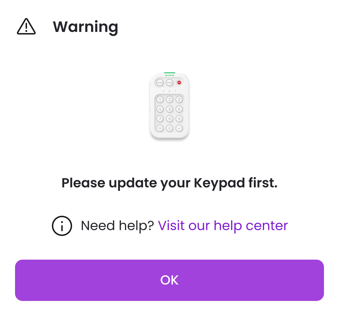 Warning blocking the alarm hub update: Please update your Keypad first