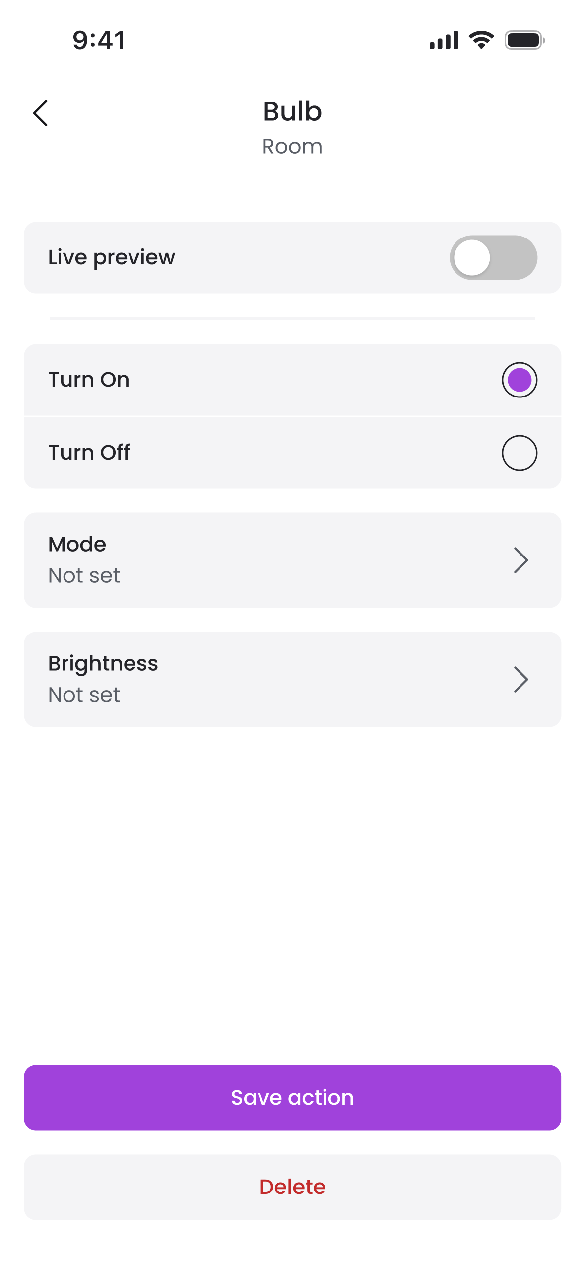 Bulb action settings for an automation