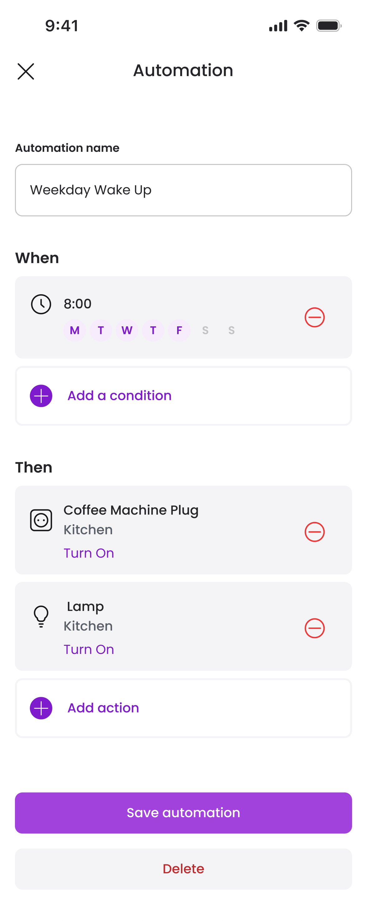 Automation editor combining weekday timing with connected device actions