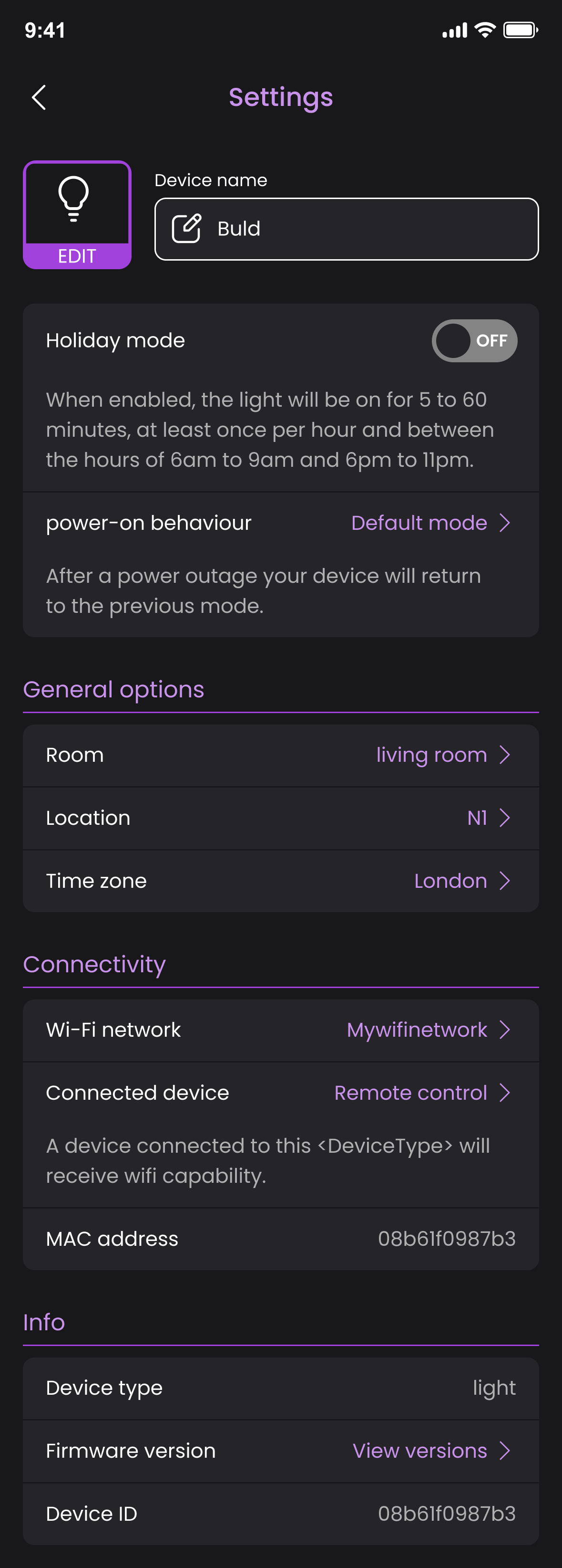 Previous app bulb settings with an individual Holiday mode toggle