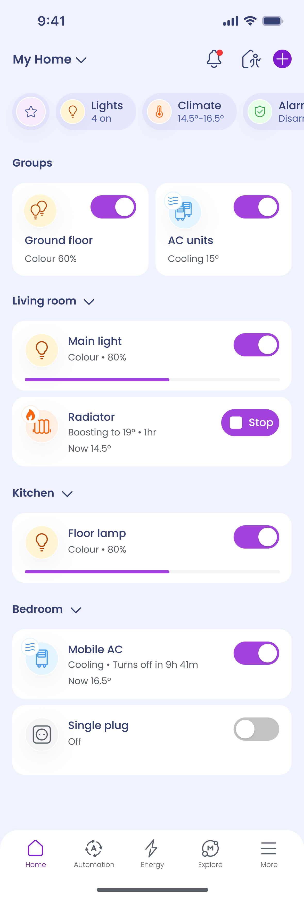 Concept home with grouped devices, room controls and category shortcuts