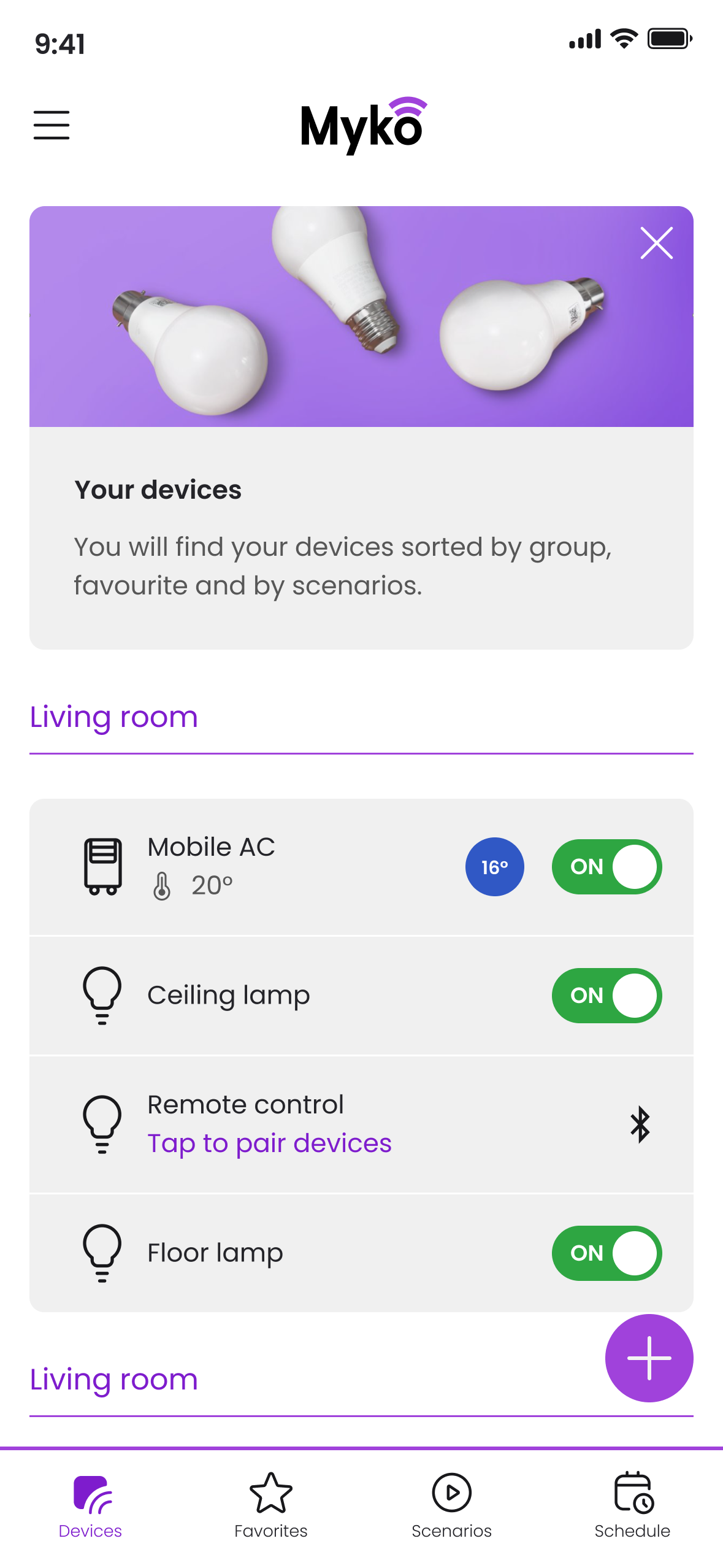 Home screen from the existing Myko connected-home app