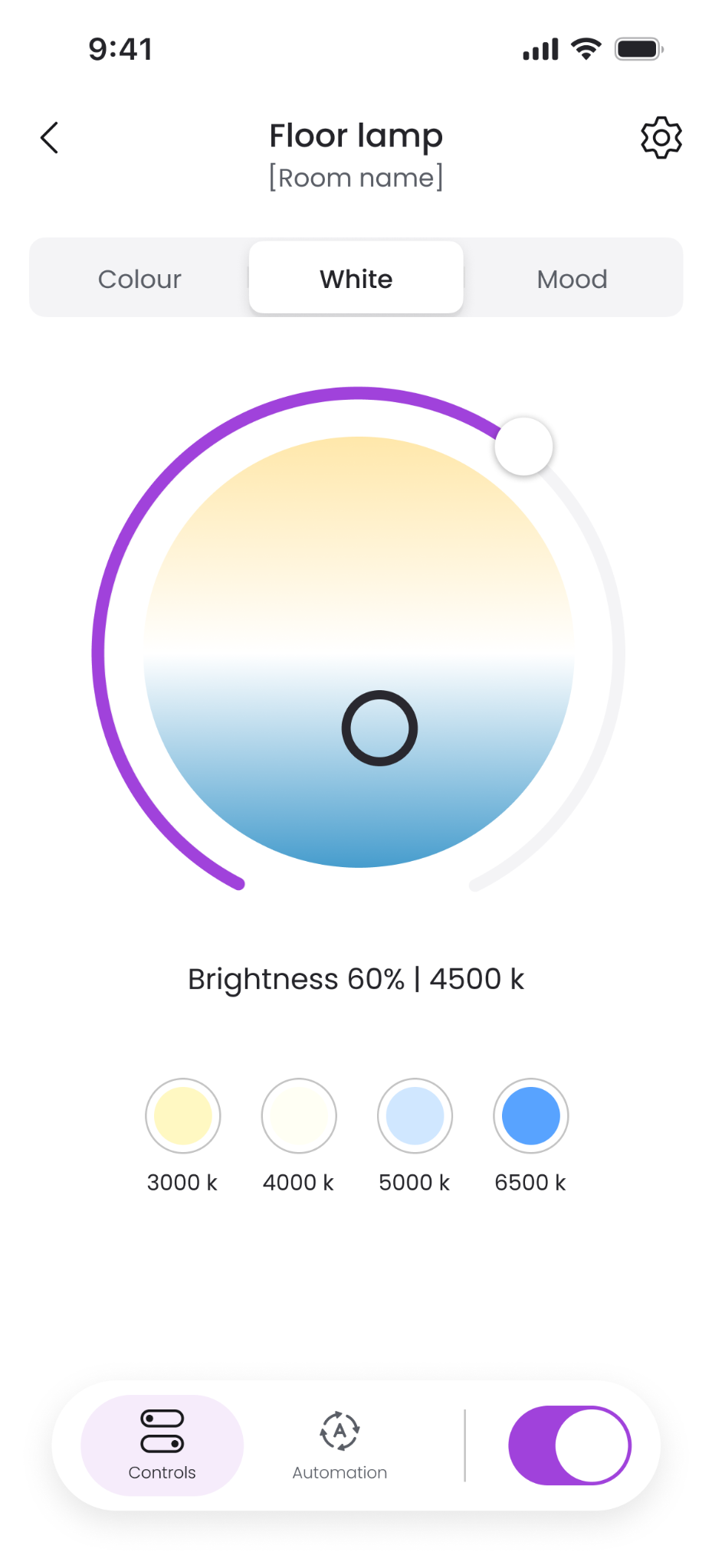 Myko lighting controls for brightness and colour temperature