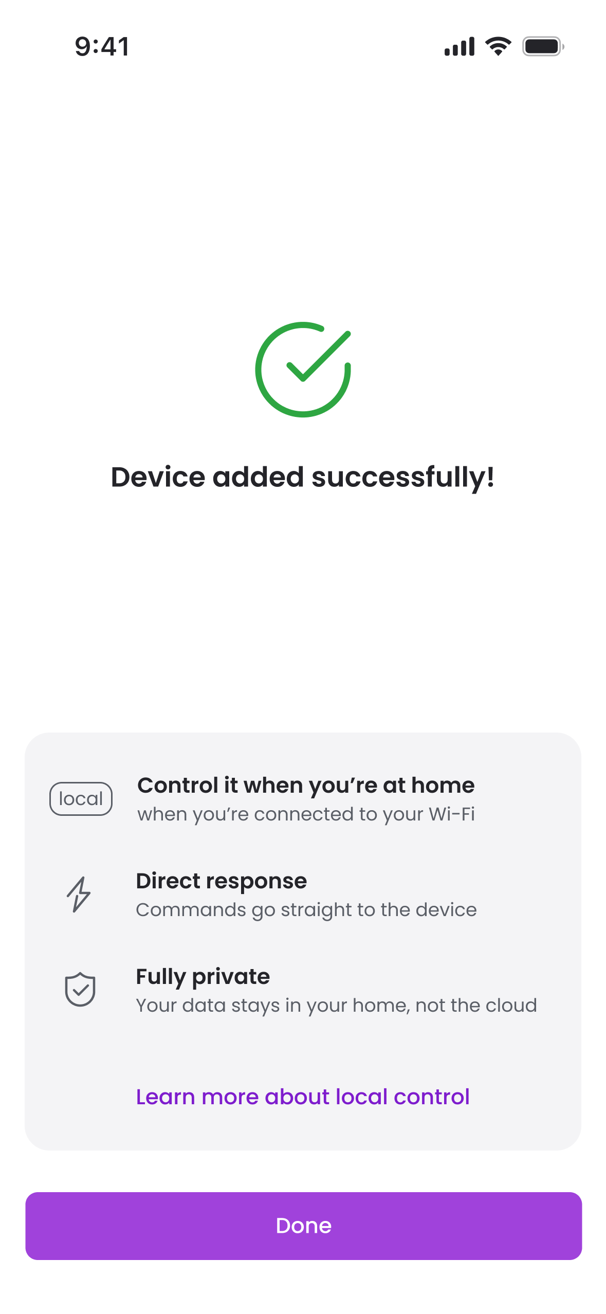 Installation confirmation explaining control on home Wi-Fi, direct commands and data staying in the home