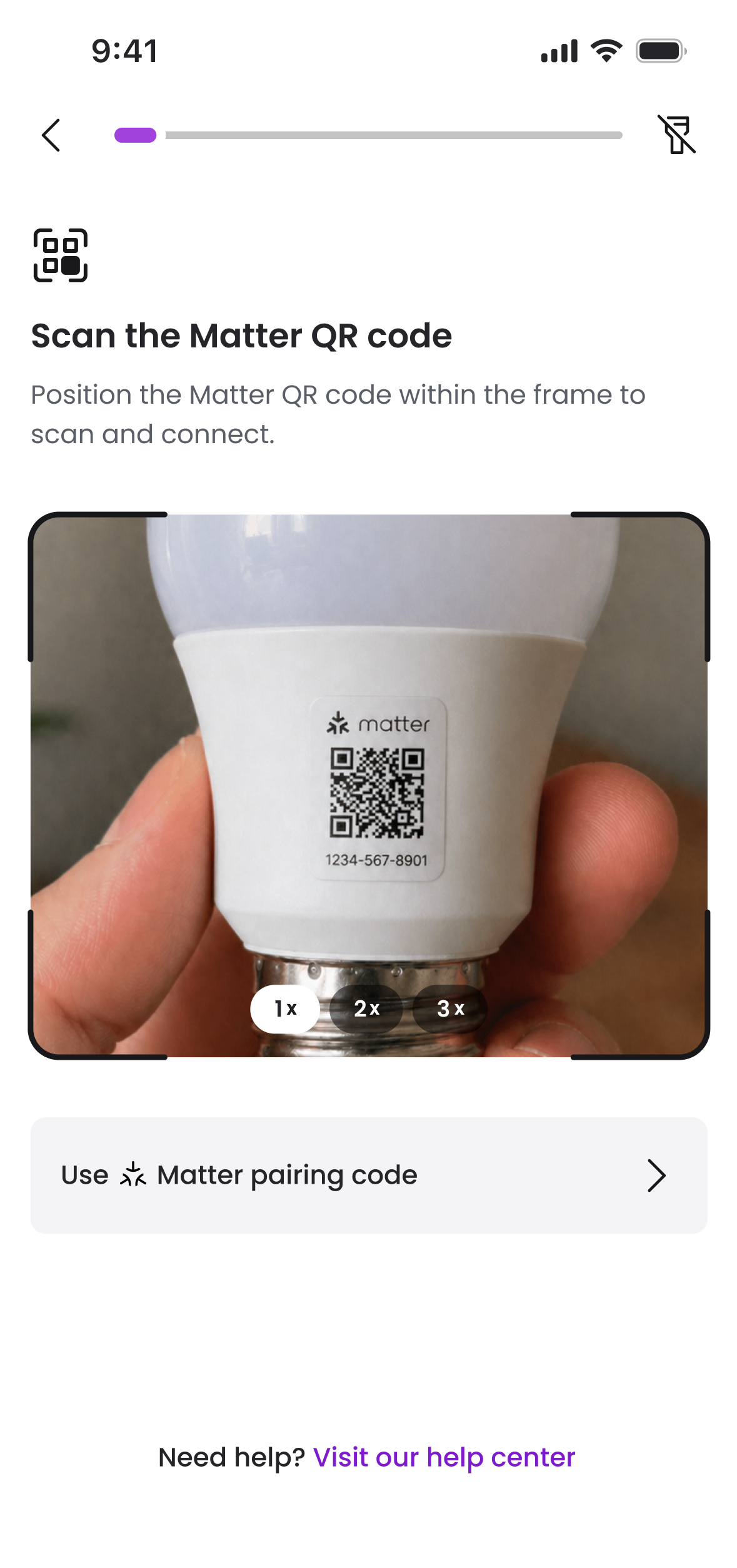 Matter QR scanner with zoom controls and an alternative pairing-code option