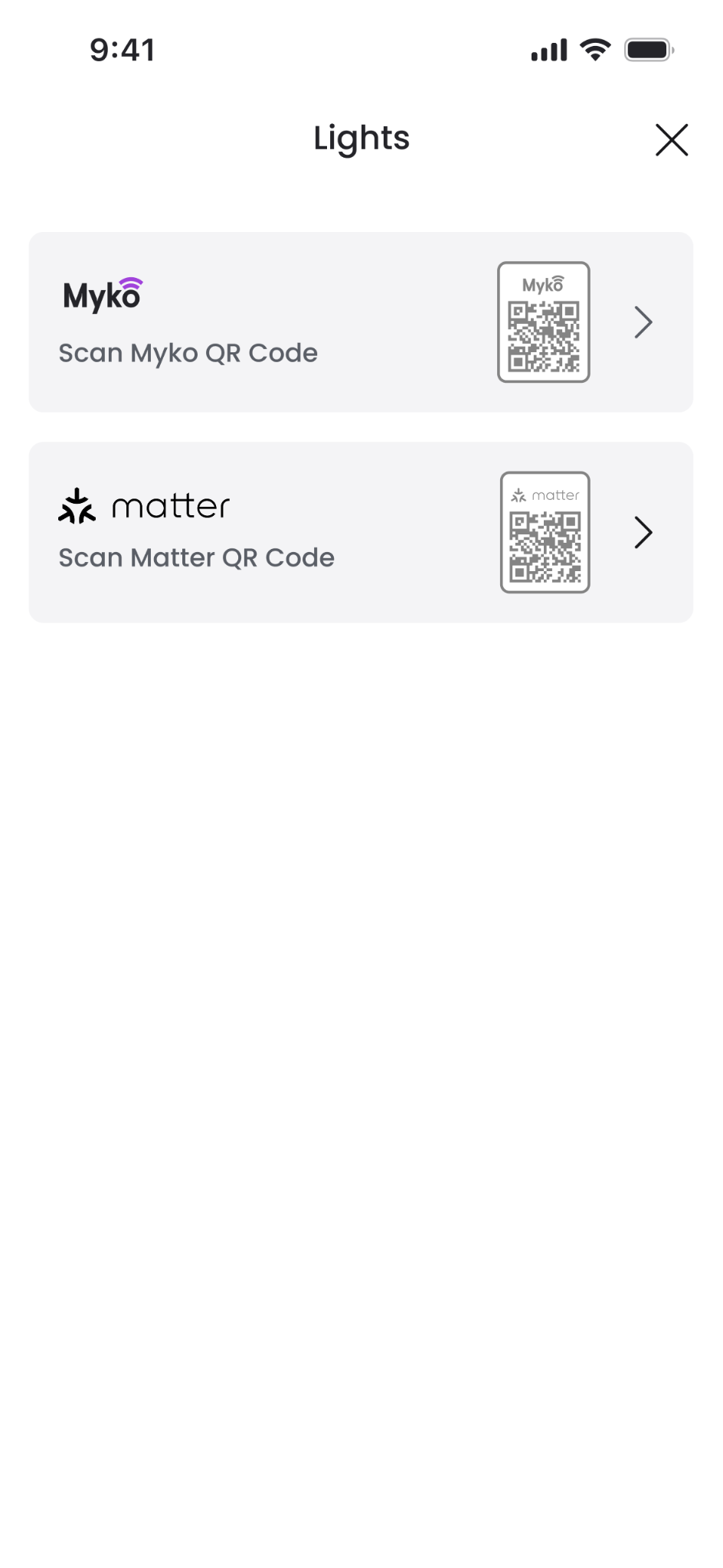 Lights screen with separate Myko and Matter QR-code routes