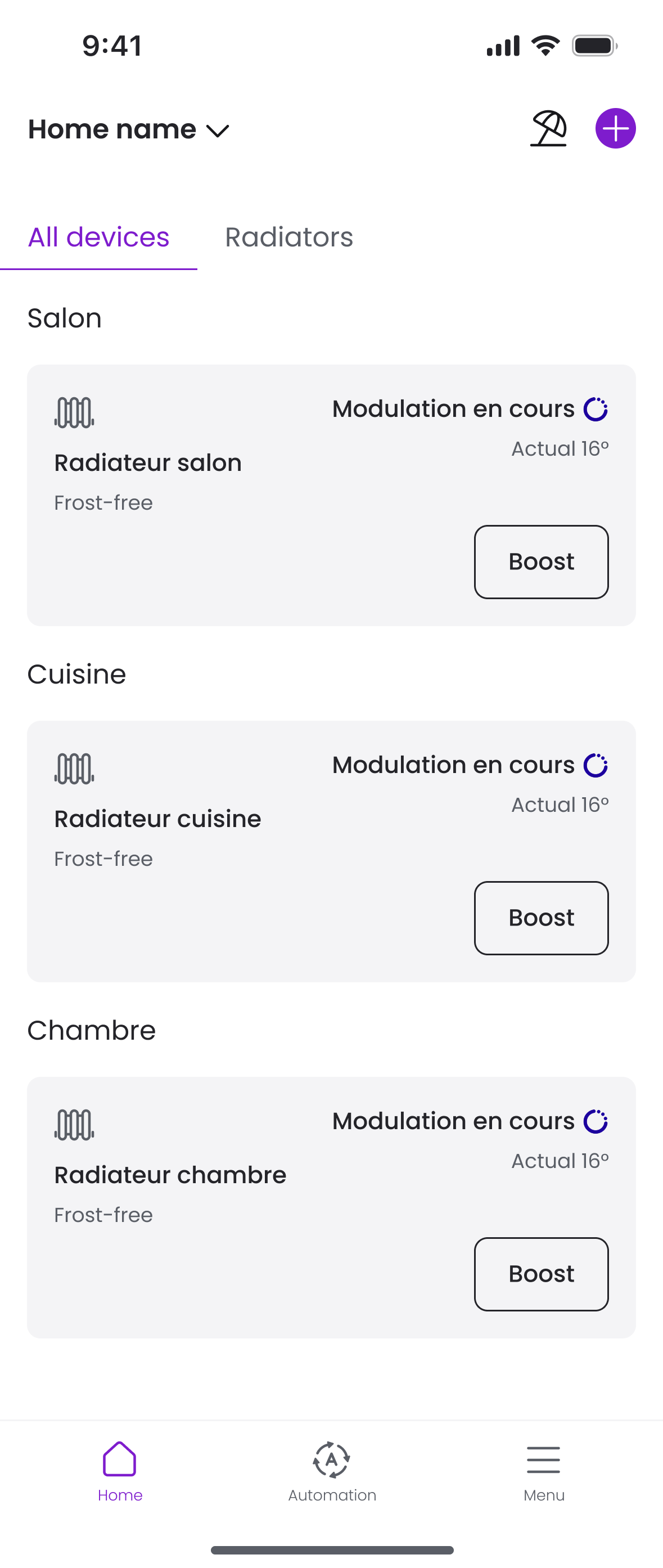 Home device list showing modulation in progress